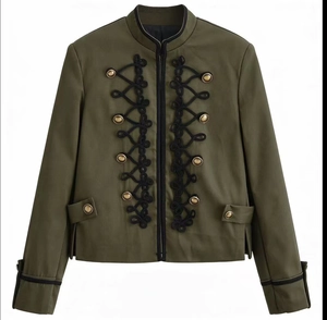 Detail of olive green military jacket showing black braided rope knots and gold buttons