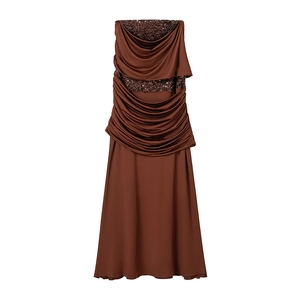 Elegant brown strapless mermaid evening dress with sequins and draped details