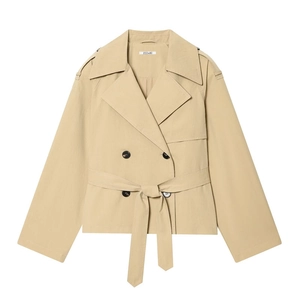 Elegante Trench Corto Khaki da Donna Giacca Doppiopetto in Misto Lana con Cintura e Mostrine Capospalla da Ufficio