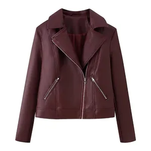 Veste de Motard en Cuir Synthétique Femme Bordeaux Revers Fermeture Éclair Courte Veste de Moto Automne Printemps