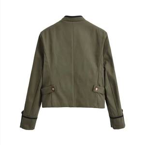 Back view of army green cropped jacket featuring military style buckles and black trim detail