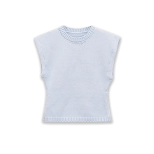 Minimalist light blue knit vest for women featuring a crew neck and ribbed trim on white background
