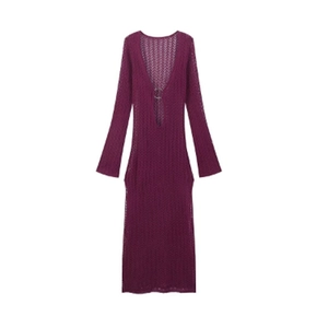 Women Knitted Hollow Out Maxi Dress Sexy V Neck Long Sleeve Solid Color Crochet Dress With Metal Ring Decoration Beachwear