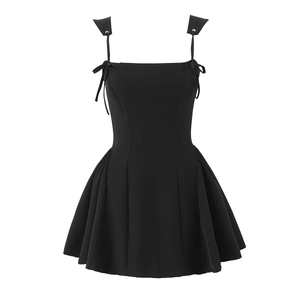 Detail of square neckline with bow straps and pleated black flared mini dress design