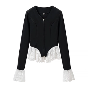 Slim fit long sleeve top with contrast lace trim and center zipper in black and white
