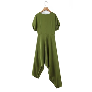 Olive green satin short sleeve dress with elegant asymmetric hem on white background