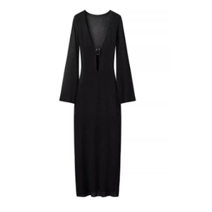 Women's black long sleeve crochet knit dress with deep V-neck and metal ring detail