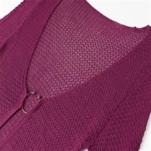 Magenta long sleeve hollow knit V-neck dress with decorative metal ring buckle detail