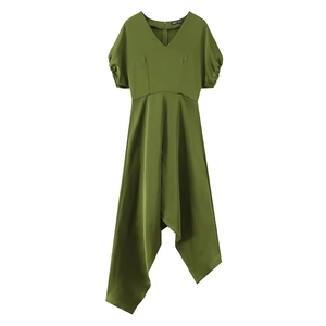 Olive green V-neck dress with puffy short sleeves and asymmetric hem on white background