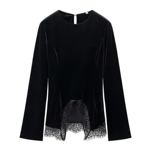 Women Vintage Velvet Long Sleeve T-Shirt Elegant Lace Patchwork Irregular Hem Back Lace-up Slim Fit Mock Neck Top