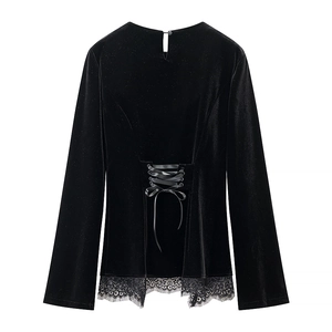 Women's black velvet long sleeve top with lace trim and elegant back lace-up detail