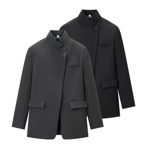 Women Minimalist Stand Collar Asymmetric Button Blazer Mid-length Solid Suit Jacket With Flap Pockets Office Streetwear Top