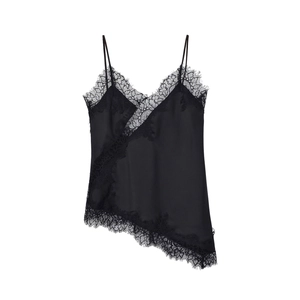 Women's black satin camisole with eyelash lace trim and asymmetric hem design