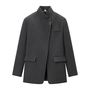 Detail of dark grey stand collar blazer featuring fabric texture and flap pocket accents