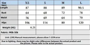 Detailed size chart for women's asymmetrical strap dress with milk silk fabric measurements
