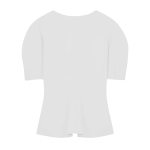 Detail view of white short sleeve top with puff sleeves and ruffled peplum hemline