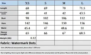 Detailed size chart for the polka dot blouse showing measurements from XS to L