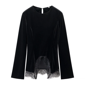 Slim fit black velvet long sleeve top for women with elegant lace trim and curved hem