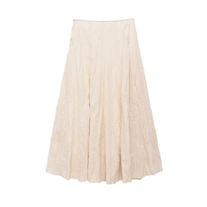 Elegant beige midi skirt with crinkle texture and A-line silhouette on white background