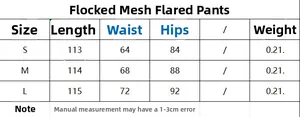 Tableau des tailles détaillé pour pantalon évasé en tulle floqué, mesures S, M, L