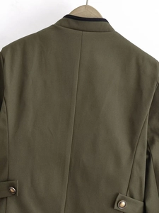 Detail view of military green blazer back with retro bronze buttons and tied hem design