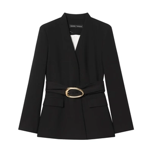Veste blazer noire pour femme avec ceinture à boucle dorée et poches à rabat chic