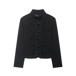 Veste courte noire pour femme de style chinois avec boutons grenouille et col montant