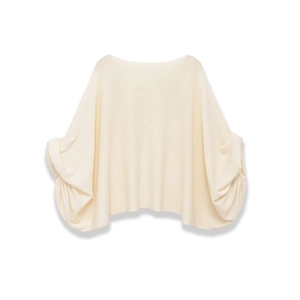 Detail of off-white knit top featuring ribbed texture and batwing dolman sleeves