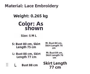 Size chart for lace embroidery slim fit dress showing bust and length measurements