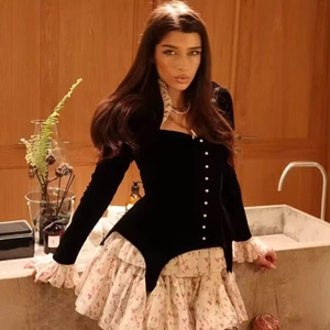 Fashionable velvet long-sleeve top and floral tiered mini skirt two-piece set for women
