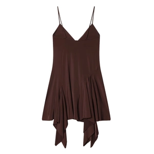 Detail of dark brown asymmetric dress with thin straps and ruffled hem design