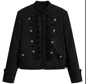 Detail of military style black blazer with stand collar and gold decorative buttons