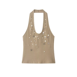 Fashionable ribbed knit halter top for women featuring decorative colorful buttons