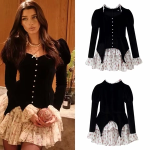 Women Vintage Velvet Splicing Floral Mini Dress Long Sleeve Bubble Sleeve High Waist Ruffle Lolita Style Sweet Sexy Dress