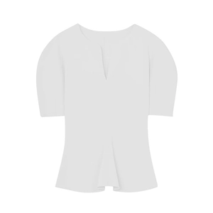 Women's chic white short sleeve blouse featuring a slit V-neckline and subtle puff sleeves