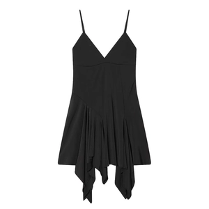 Detail of black V-neck mini dress showing asymmetric ruffled hem and slim shoulder straps