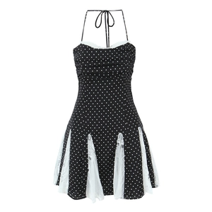Abito Midi da Donna Scollo all'Americana con Stampa a Pois Arricciato Patchwork Bordo in Pizzo Vestibilità Aderente Senza Maniche