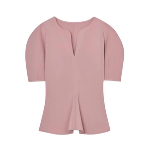 Dusty pink puff sleeve blouse with deep V-neck and ruffled hem design on white background