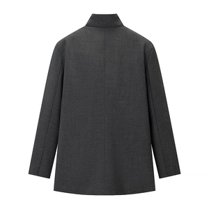 Back view of dark grey business blazer with center seam and four-button cuff detail