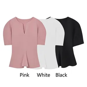 Women's deep V-neck short sleeve top with puff sleeves and flared hem in three colors