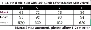 Size guide table for belted suede effect pleated midi skirt showing measurements XS to L