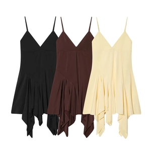 Women Sexy Asymmetric Spaghetti Strap V-Neck Dress Ruffle Hem Sleeveless Midi Cami Dress For Party Summer Yellow Brown Black
