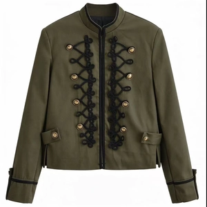 Women Military Style Retro Blazer Stand Collar Frogging Gold Button Padded Shoulder Long Sleeve Jacket Elegant Slim Fit Outerwear Top