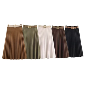 Women High Waist Pleated Midi Skirt With Belt Elegant Faux Suede A-Line Solid Color Office Lady Commuter Skirt