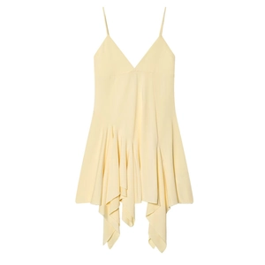 Elegant pale yellow camisole dress with spaghetti straps and asymmetric ruffled hem