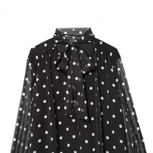 Elegant black polka dot chiffon blouse with pussy-bow tie and long sheer sleeves