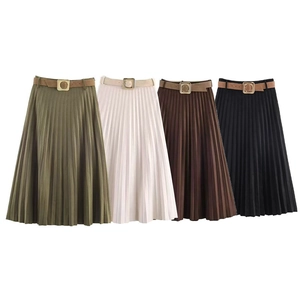 Detailed view of high-waist pleated midi skirts in olive, cream, brown and black colors