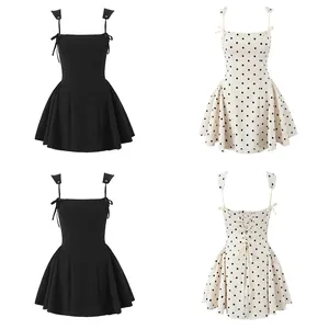 Women's Fashion High Waist Polka Dot Bow Strap Mini Dress Slim Fit Backless Sleeveless Puffy A-Line Party Cami Dress