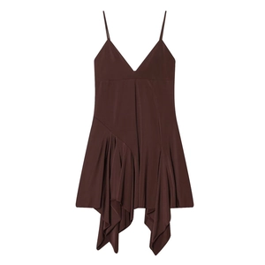 Brown asymmetric slip dress with thin straps and ruffled hem against a white background
