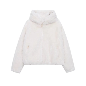 Detailed view of white faux fur jacket featuring soft plush texture and golden zipper